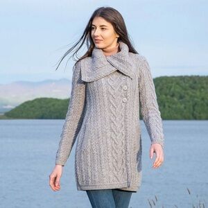 Saol Ireland Merino Wool Tunic Sweater Cardigan XS Gray with Pockets